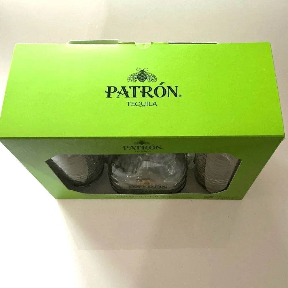 PATRON TEQUILA BOTTLE WITH BAR GLASSES SET NEW BOTTLE DESIGN EMPTY BOTTLE